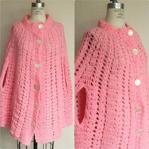 Vintage 1960s 1970s Poncho Shawl, Pink Knit or Crochet with Buttons Cape Wrap